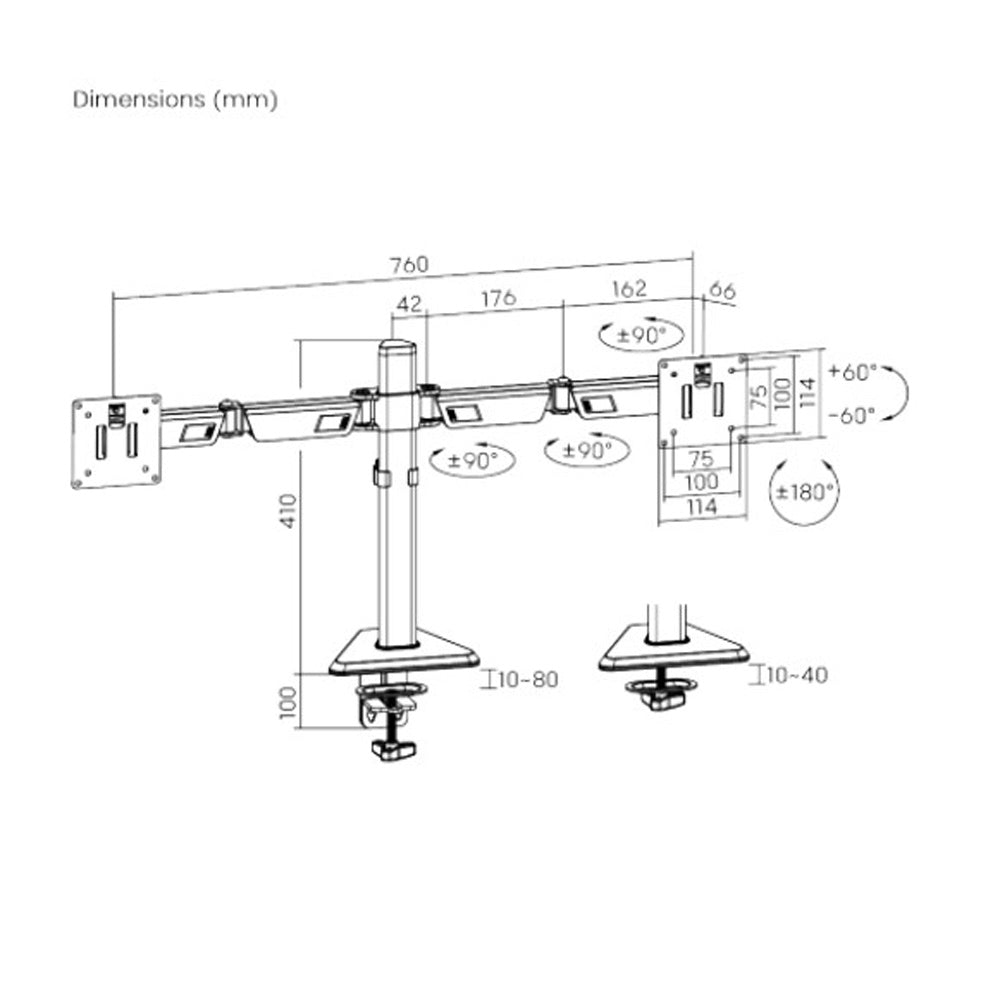 Brateck Matte Black Amethyst Articulating Gaming Dual Monitor Arm Fits 17 to 32 Inch 12kg Per Screen
