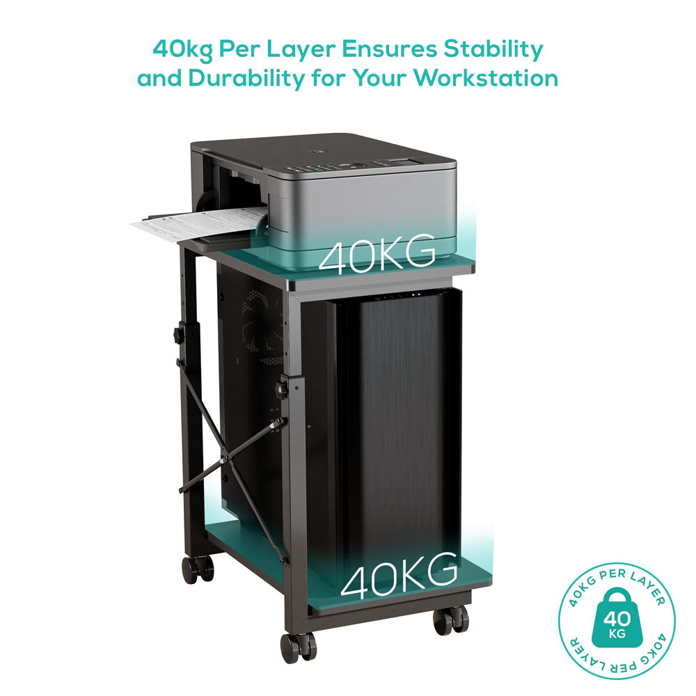 mbeat activiva Height Adjustable PC and Printer Storage Stand 8 Level Height 4 Smooth Casters Waterproof Desk Mat Black