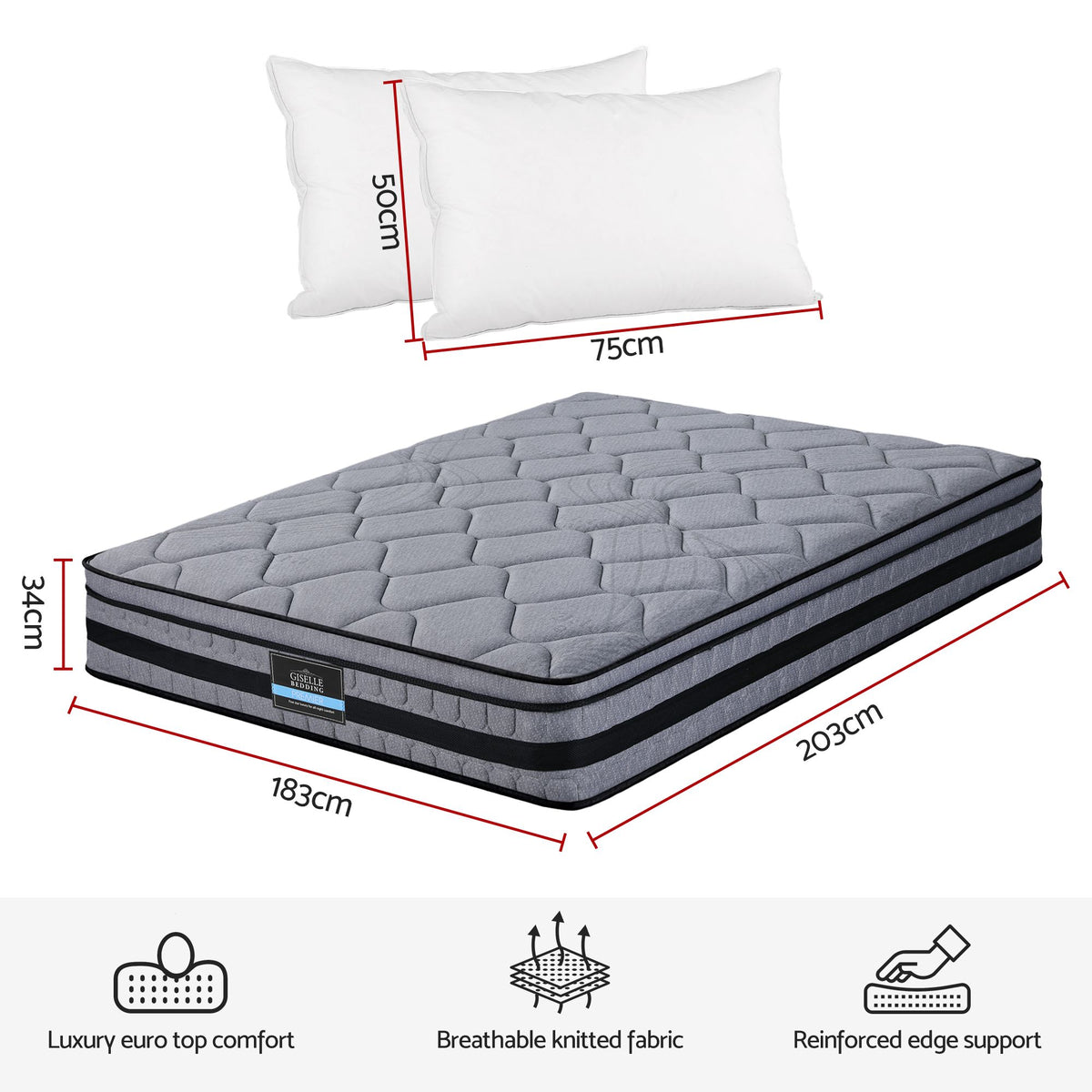 Giselle King 34cm Euro Top Pocket Spring Mattress w/ 2 Feather Down Pillows Set