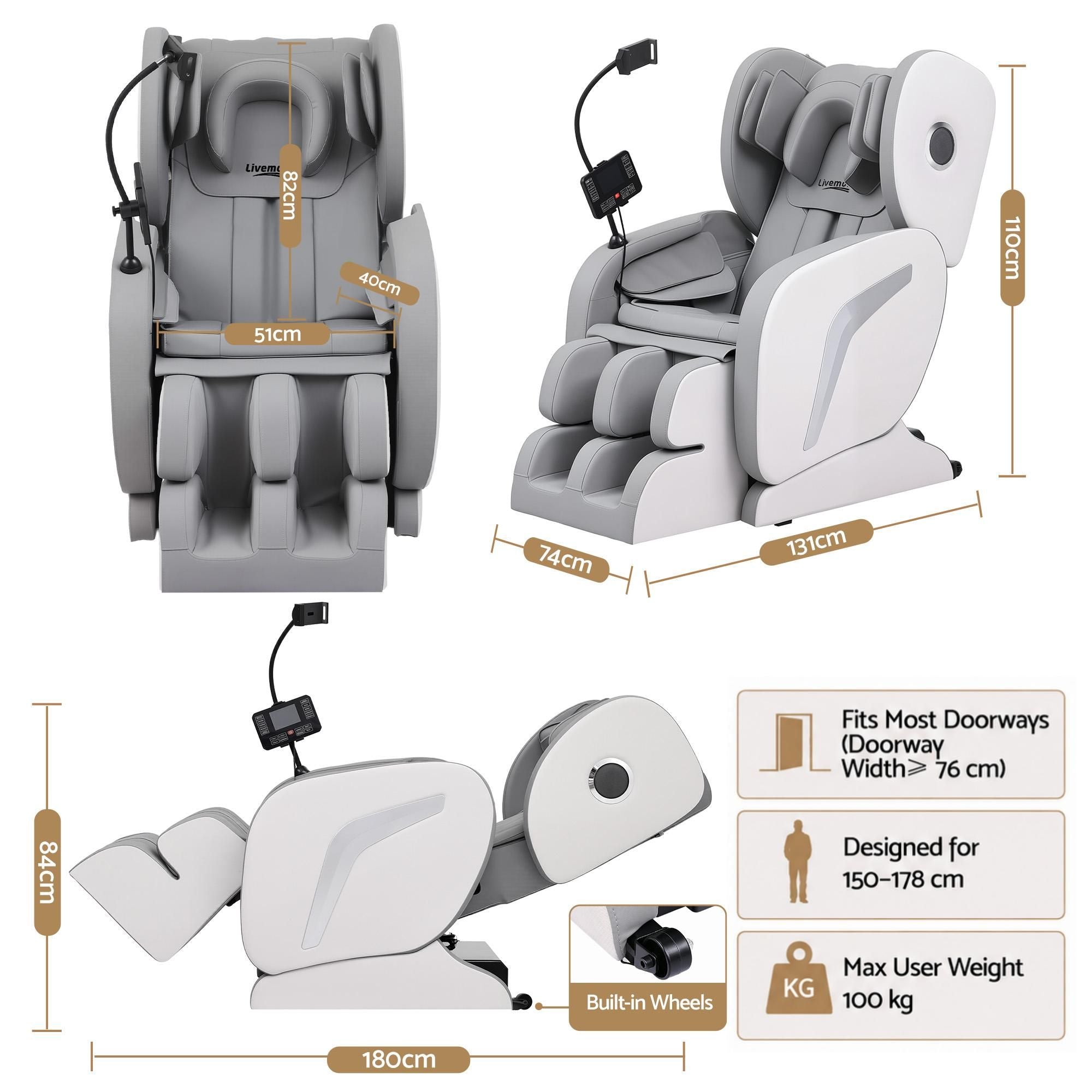 Livemor VEGA Full Body Massage Chair Recliner Foot Roller Heat Airbags Grey