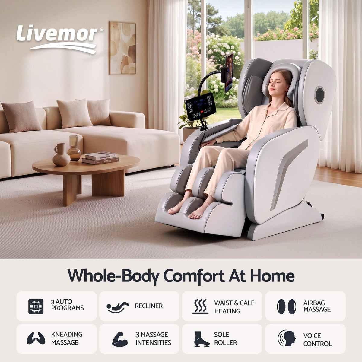 Livemor VEGA Full Body Massage Chair Recliner Foot Roller Heat Airbags Grey