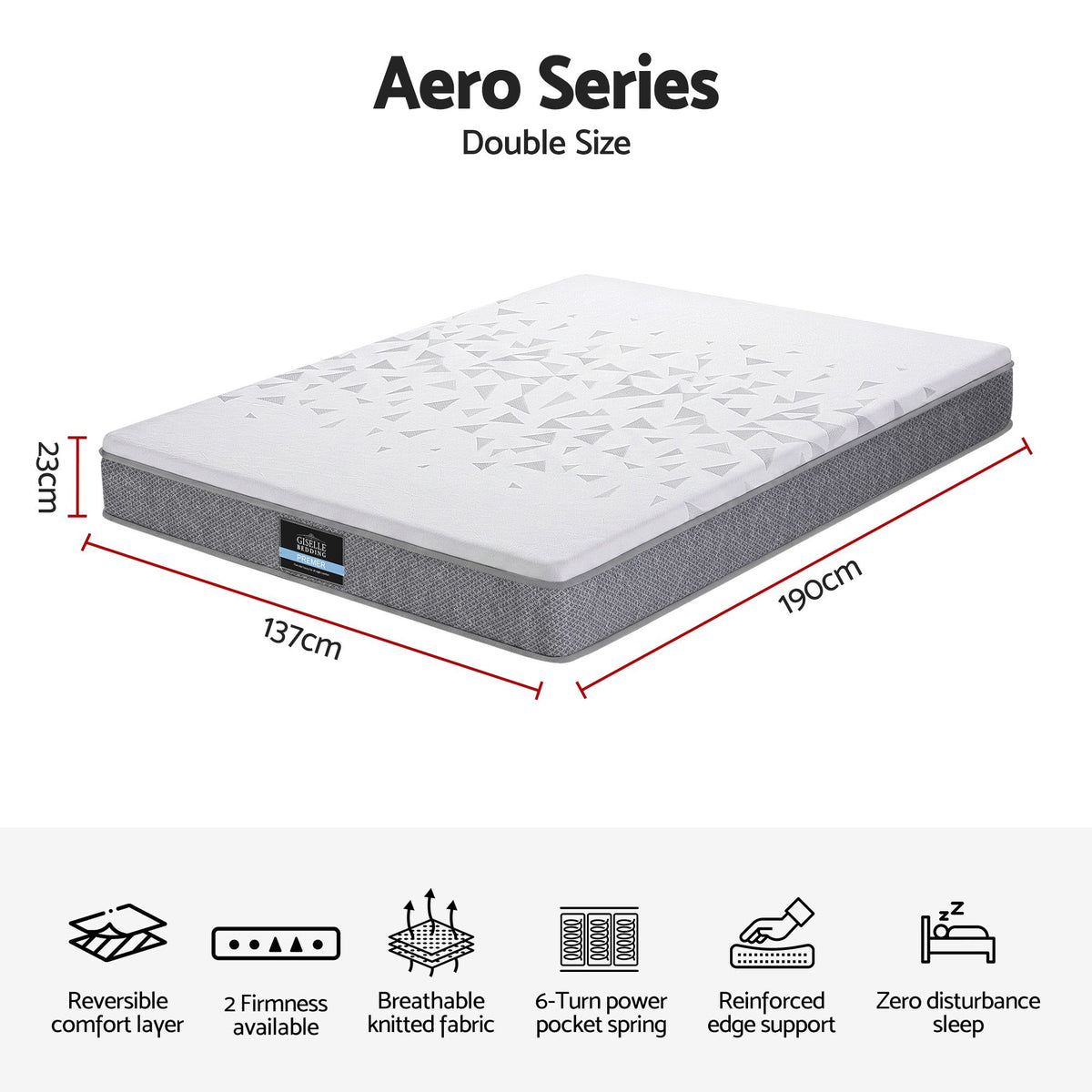 Giselle Bedding Double Mattress 23cm Pocket Spring Mattress with Adjustable Firmness Reversible Foam Layer