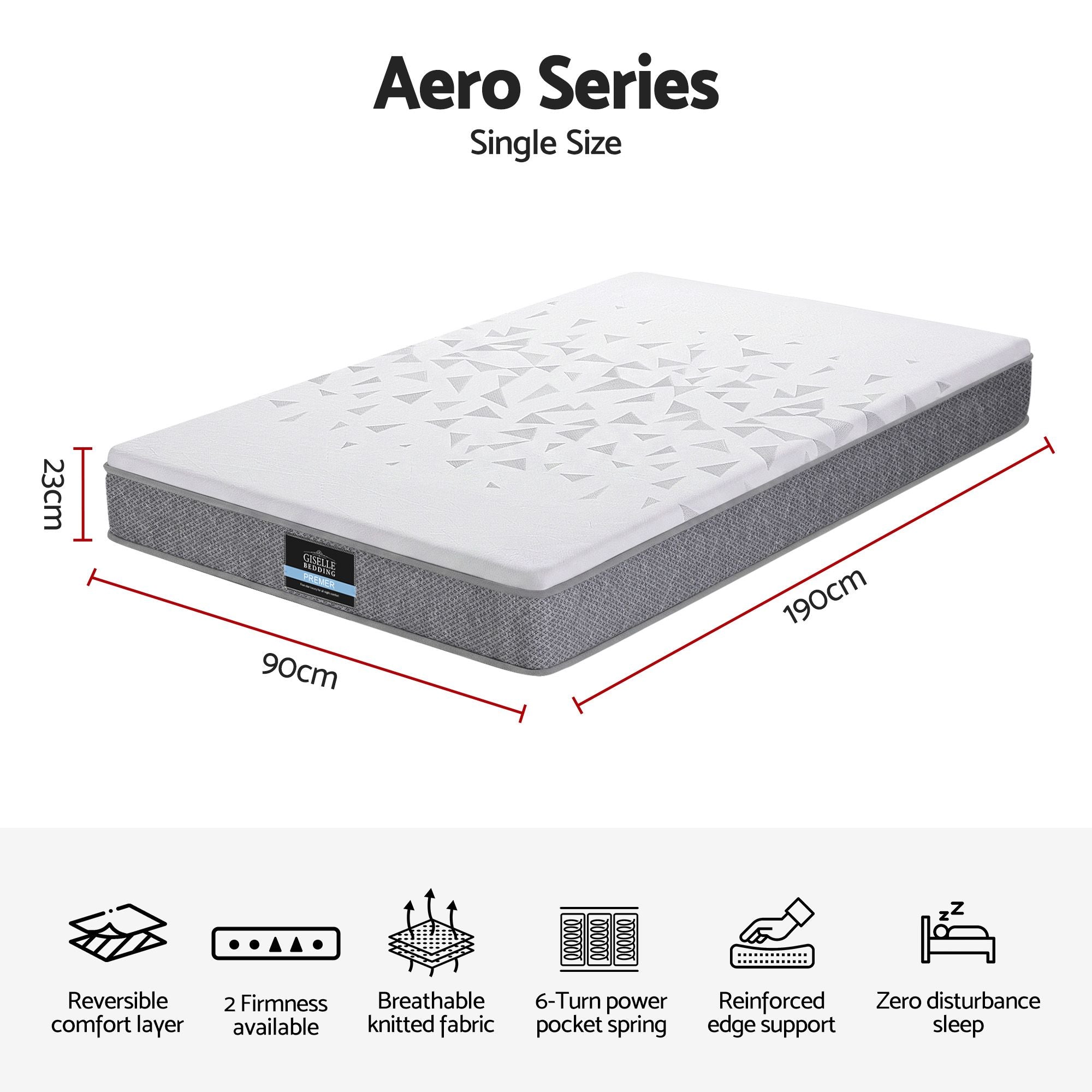 Giselle Bedding Single Mattress 23cm Pocket Spring Mattress with Adjustable Firmness Reversible Foam Layer