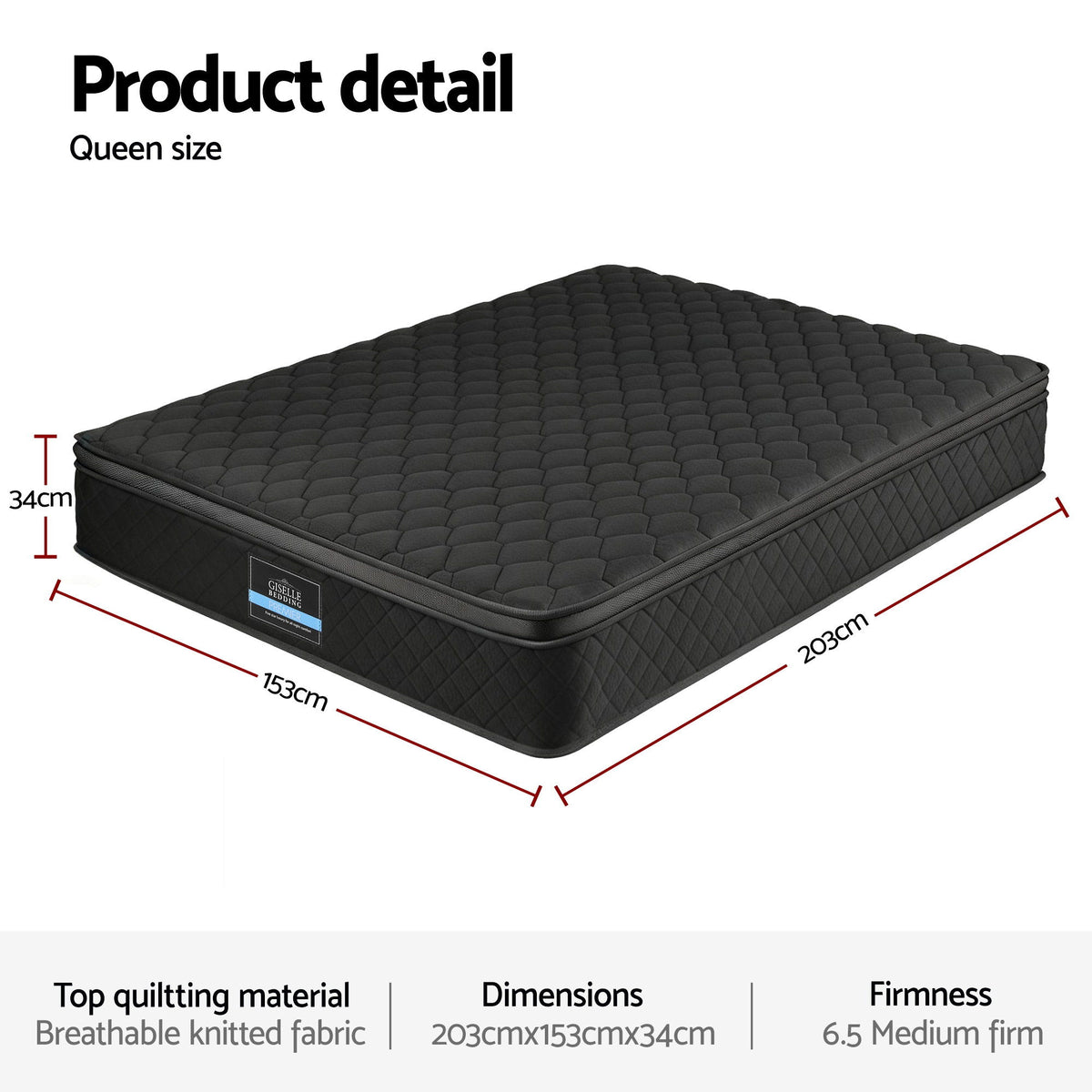 Giselle Bedding Mattress 34cm 5-Zone Pocket Spring Egg-crate Memory Foam Queen