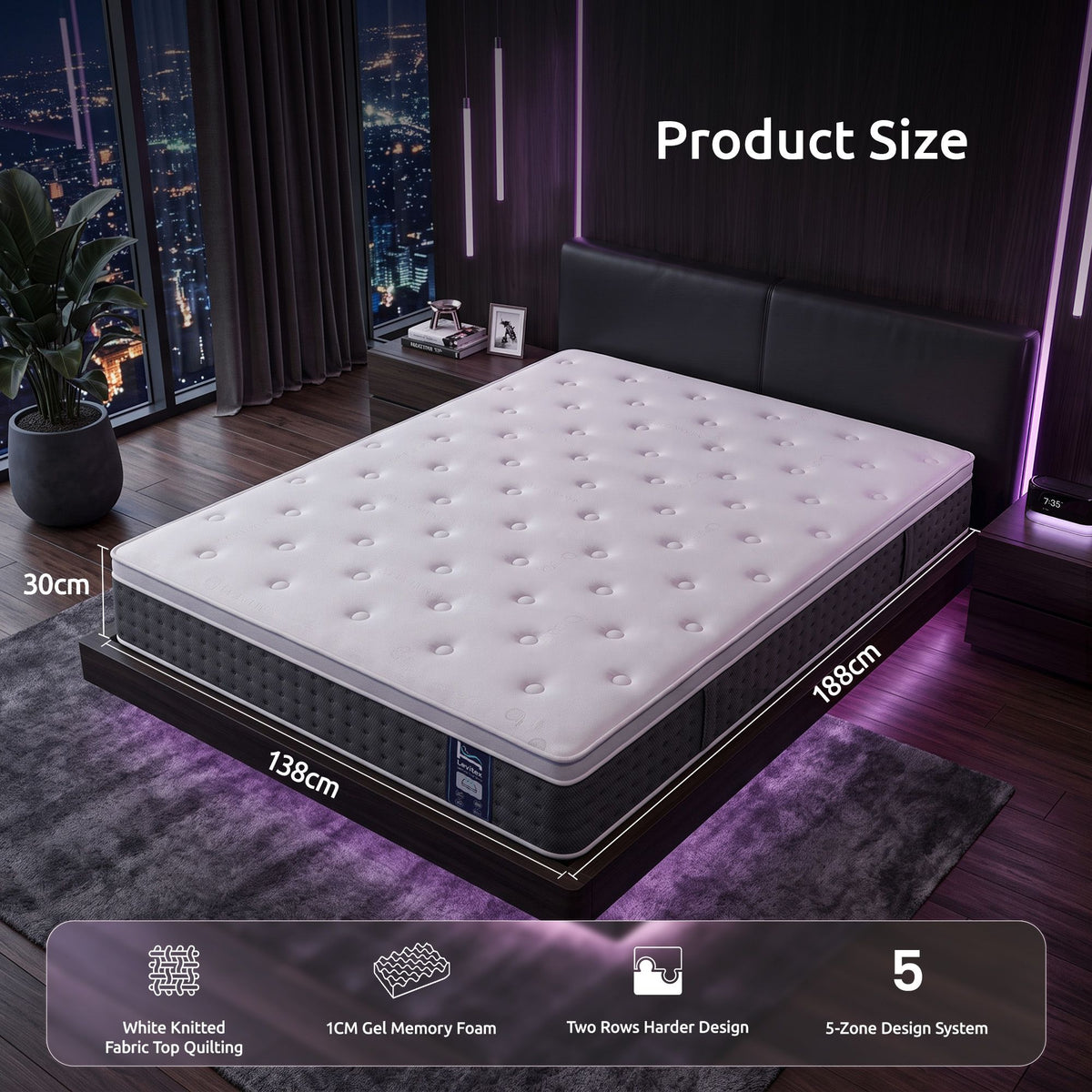Levitex Double Mattress Lumbar Support 5-Zone Pocket Spring Gel Memory Foam