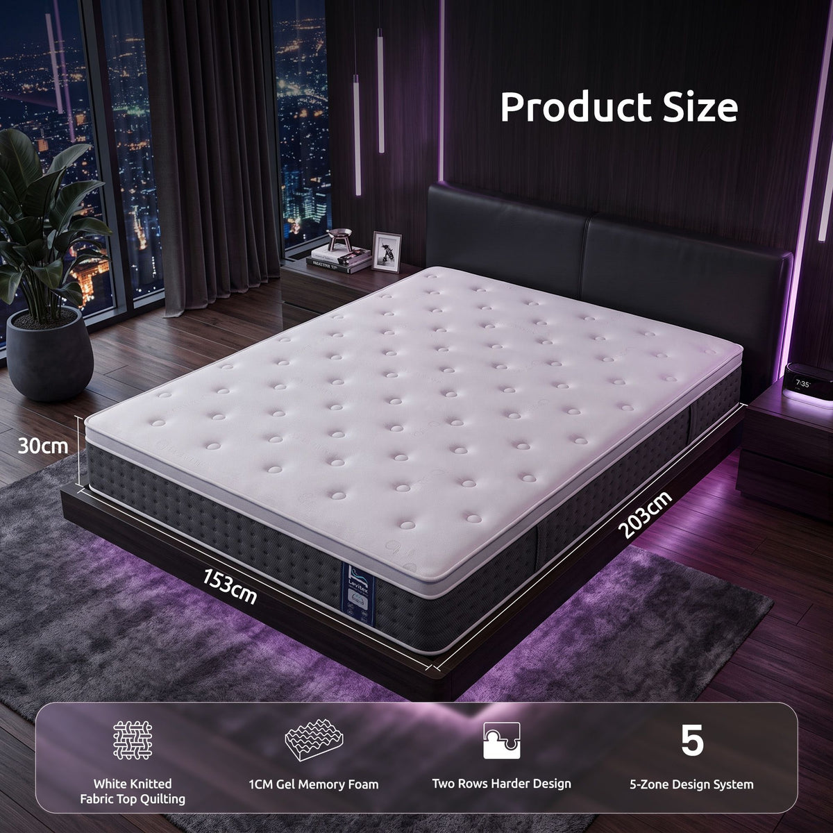 Levitex Queen Mattress Lumbar Support 5-Zone Pocket Spring Gel Memory Foam