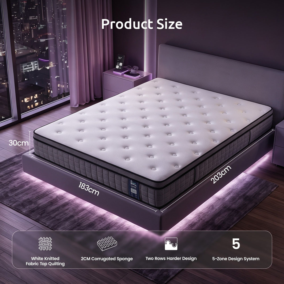 Levitex King Mattress 30cm 5-Zone Pocket Spring Edge Support Medium Firm