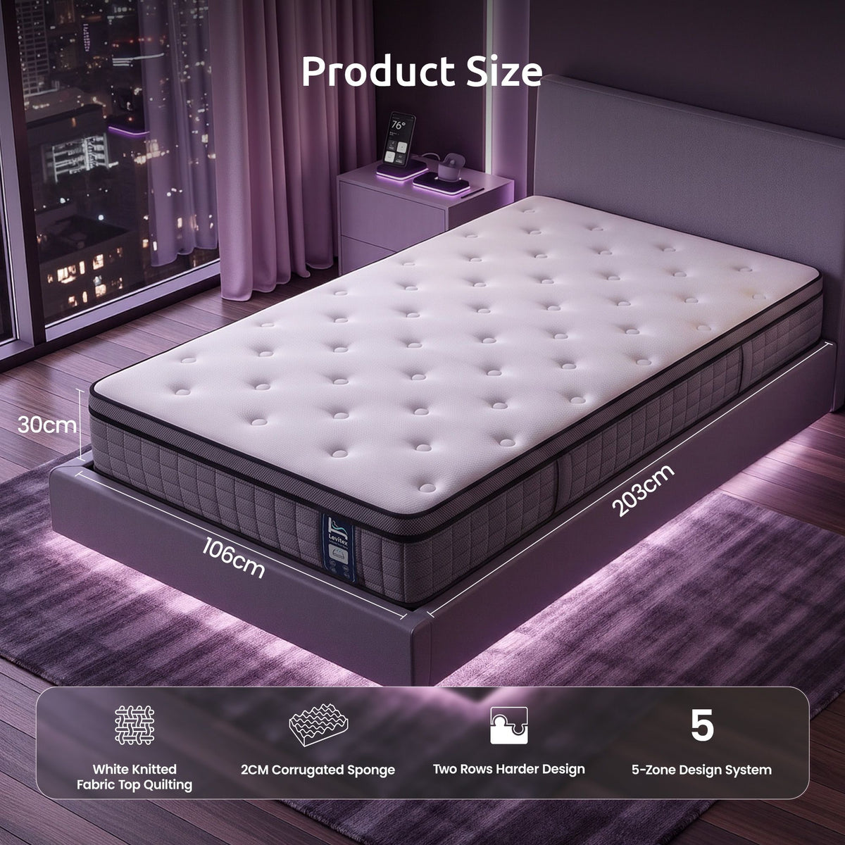 Levitex King Single Mattress 30cm 5-Zone Pocket Spring Edge Support Firm