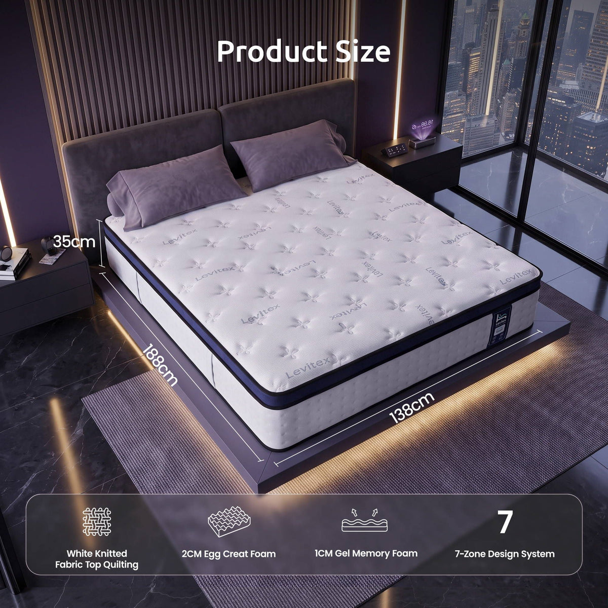 Levitex Double Mattress 35cm Gel Memory Foam 7-Zone Pocket Spring Cooling