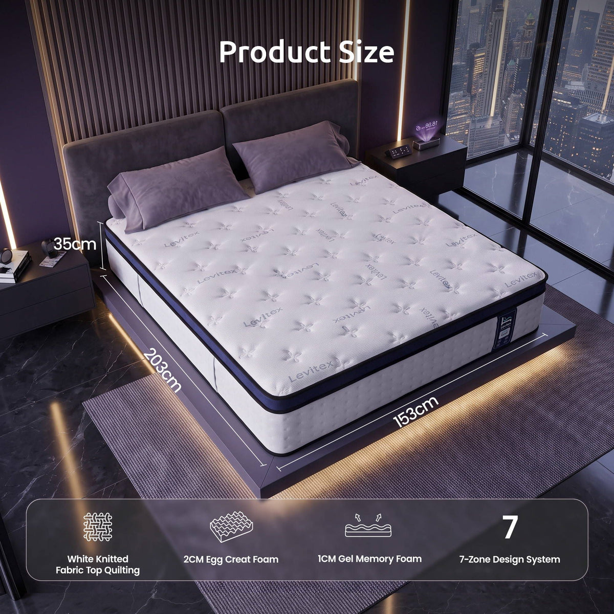 Levitex Queen Mattress 35cm Gel Memory Foam 7-Zone Pocket Spring Cooling