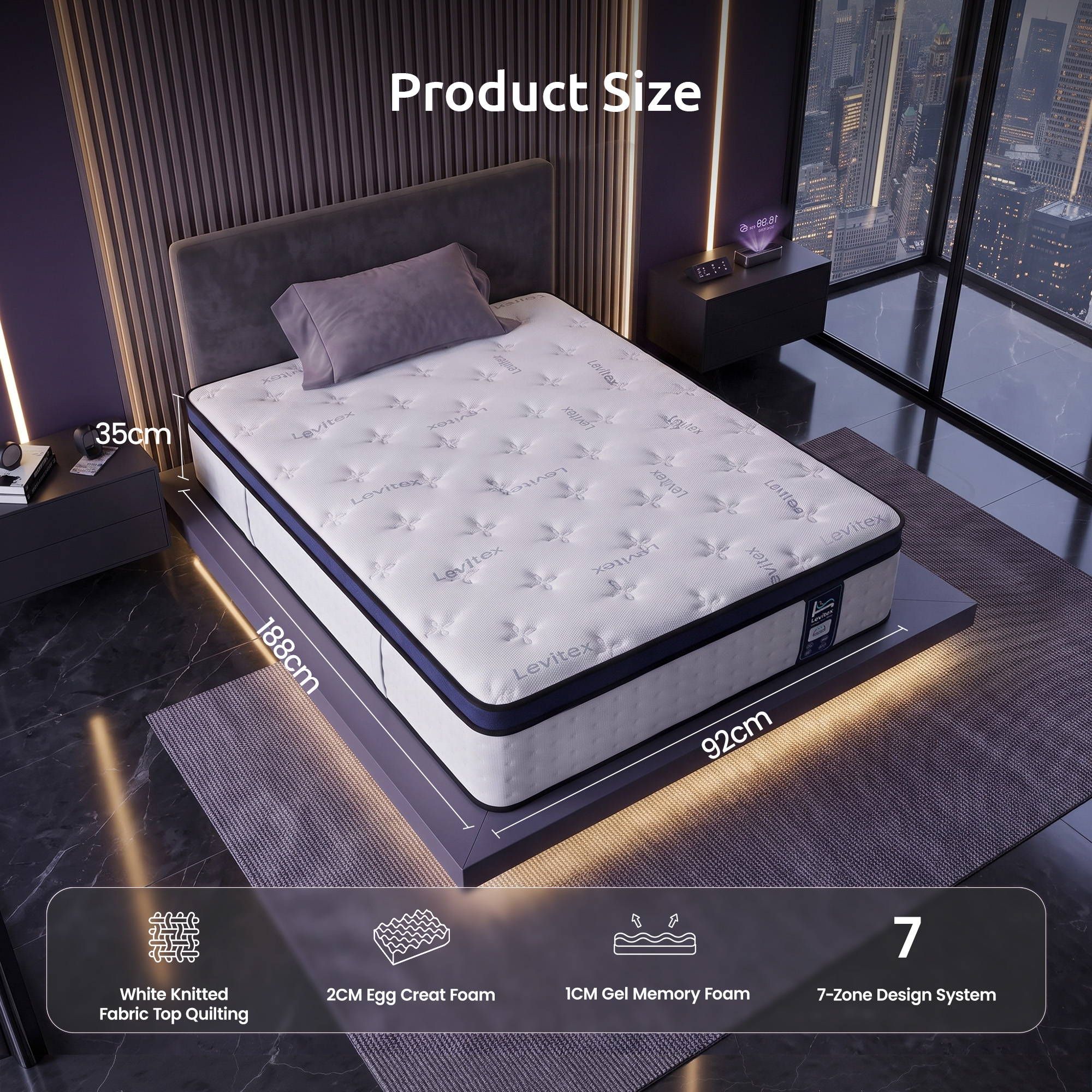 Levitex Single Mattress 35cm Gel Memory Foam 7-Zone Pocket Spring Cooling