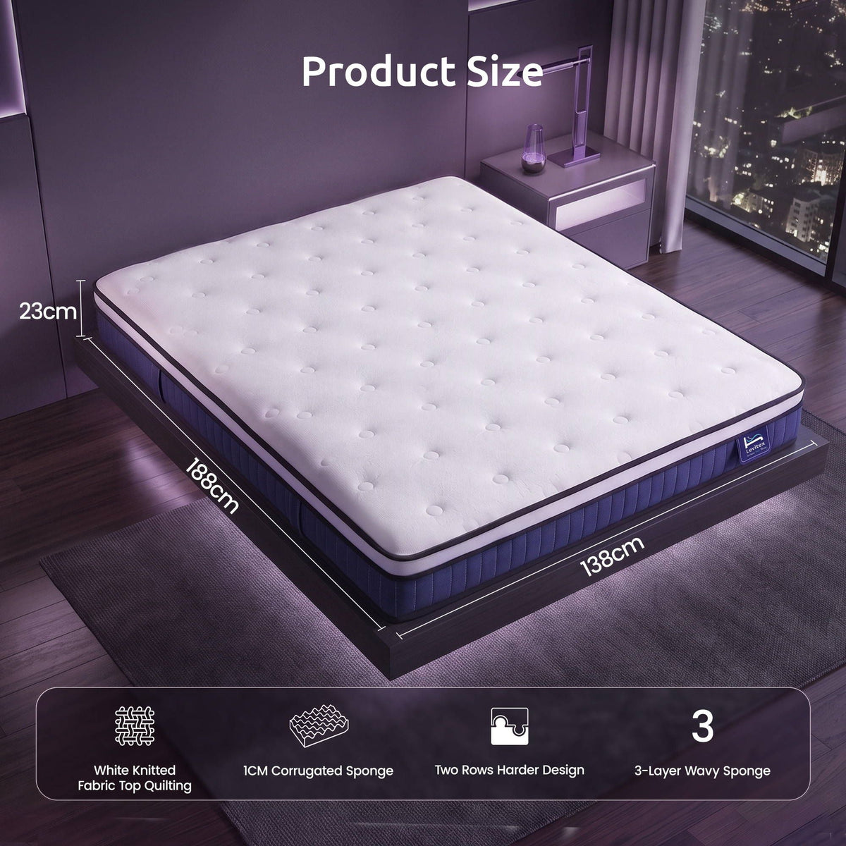 Levitex Double Mattress 23cm Pocket Spring Cooling Gel Foam Medium Firm Bed