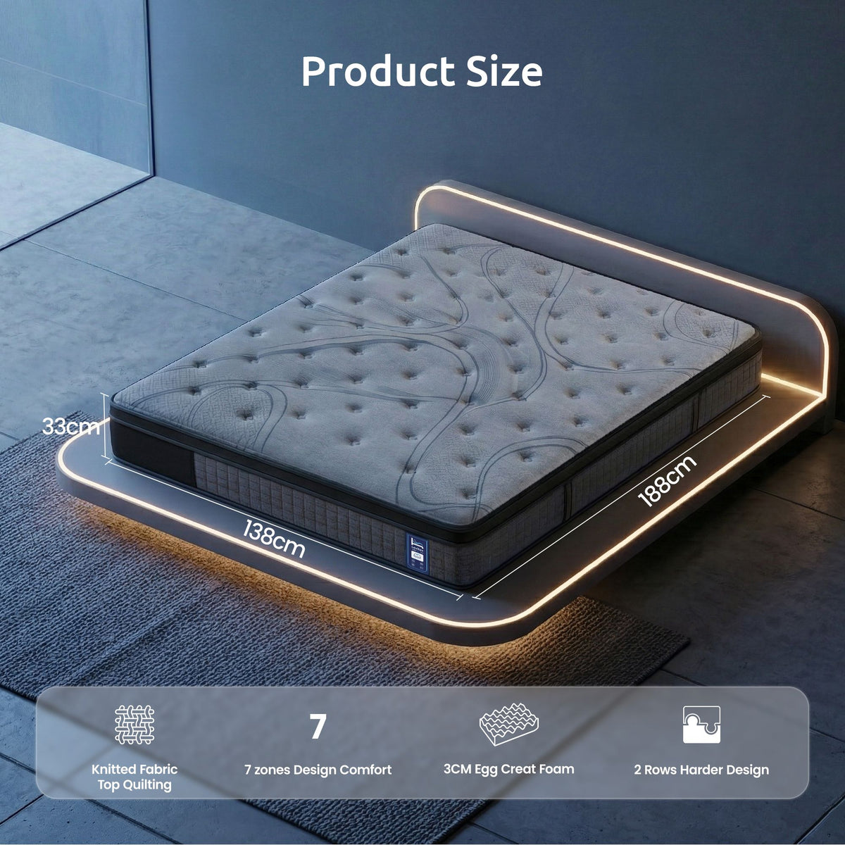 Levitex 33 cm Mattress 8.0 Extra Firm 7-Zone Pocket Spring Mattress with Dual-Row Edge Support & Breathable Knit Cover Double