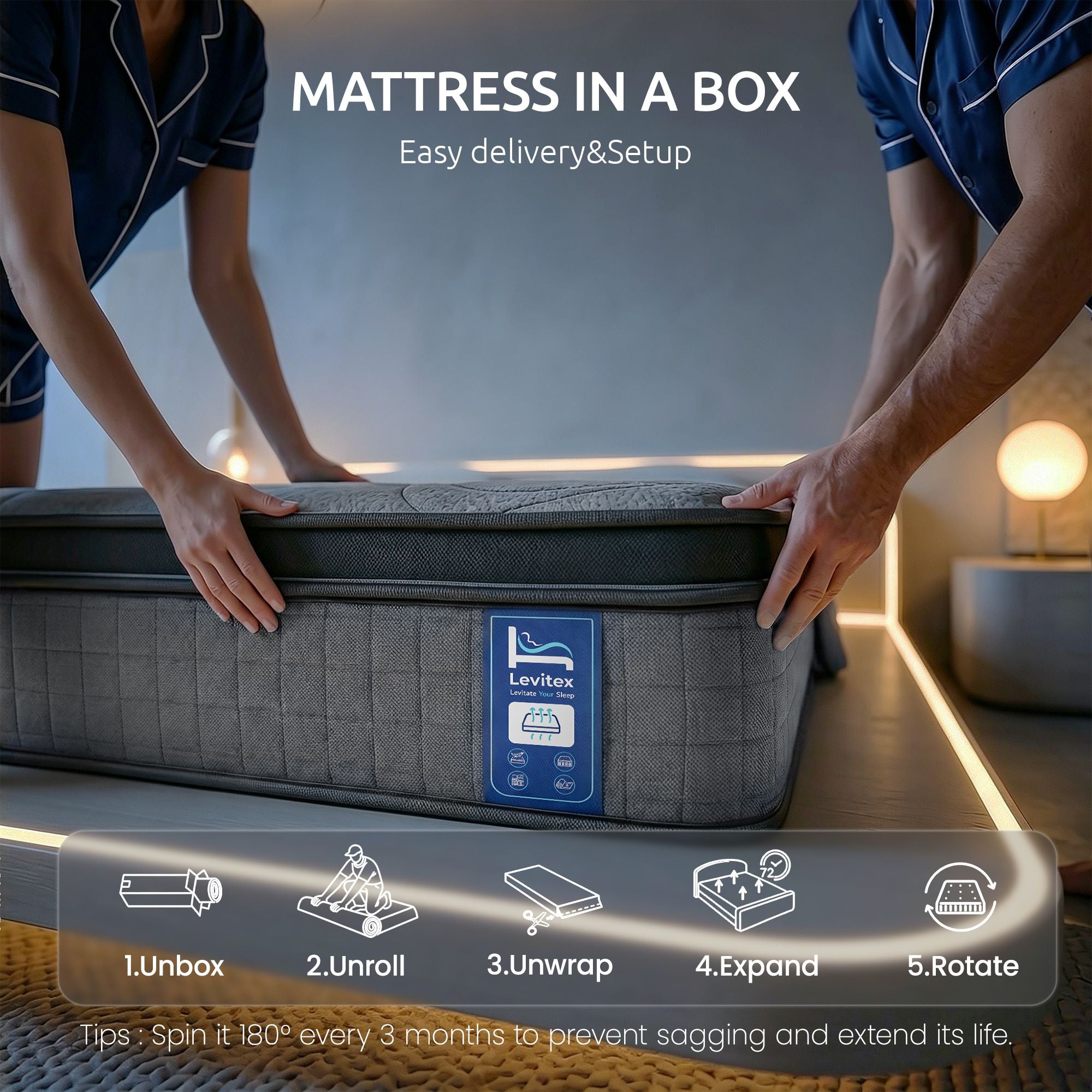 Levitex 33 cm Mattress 8.0 Extra Firm 7-Zone Pocket Spring Mattress with Dual-Row Edge Support & Breathable Knit Cover Double