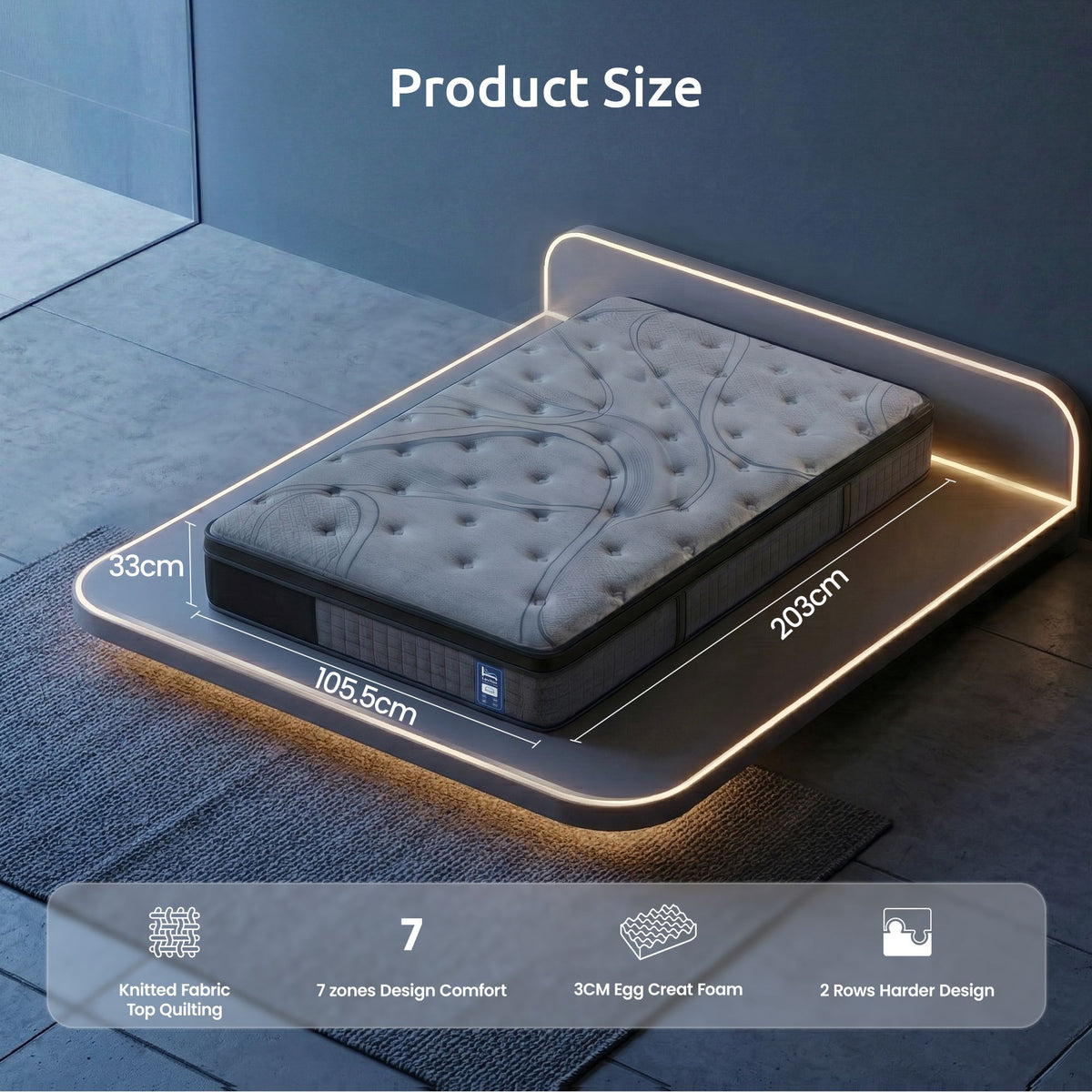 Levitex 33 cm Mattress 8.0 Extra Firm 7-Zone Pocket Spring Mattress with Dual-Row Edge Support & Breathable Knit Cover King Single