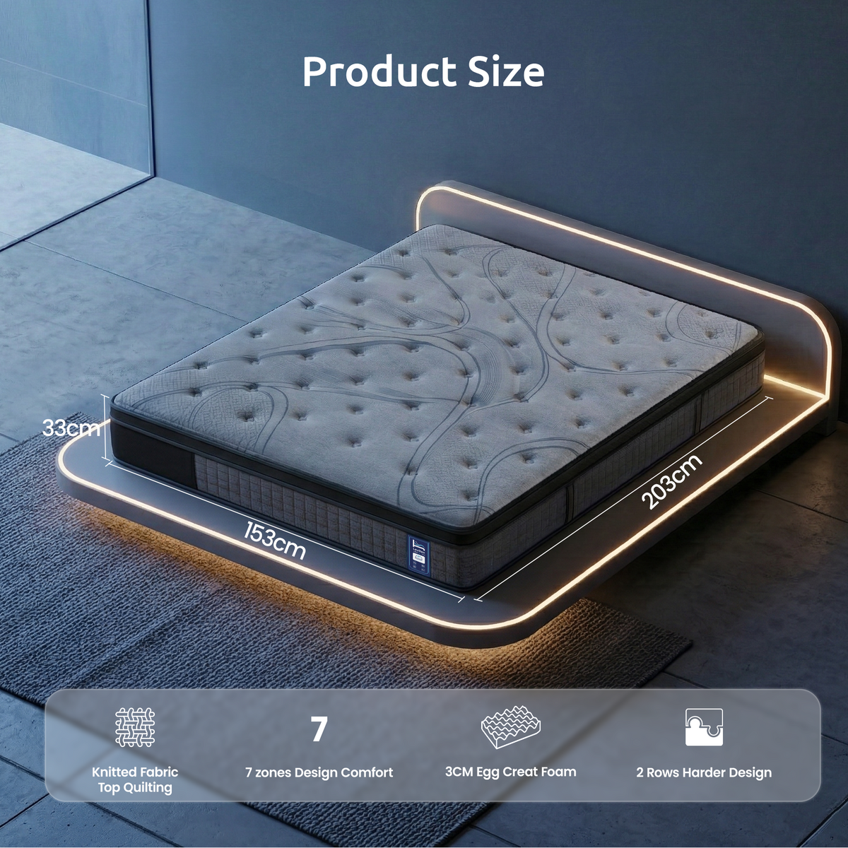 Levitex 33 cm Mattress 8.0 Extra Firm 7-Zone Pocket Spring Mattress with Dual-Row Edge Support & Breathable Knit Cover Queen