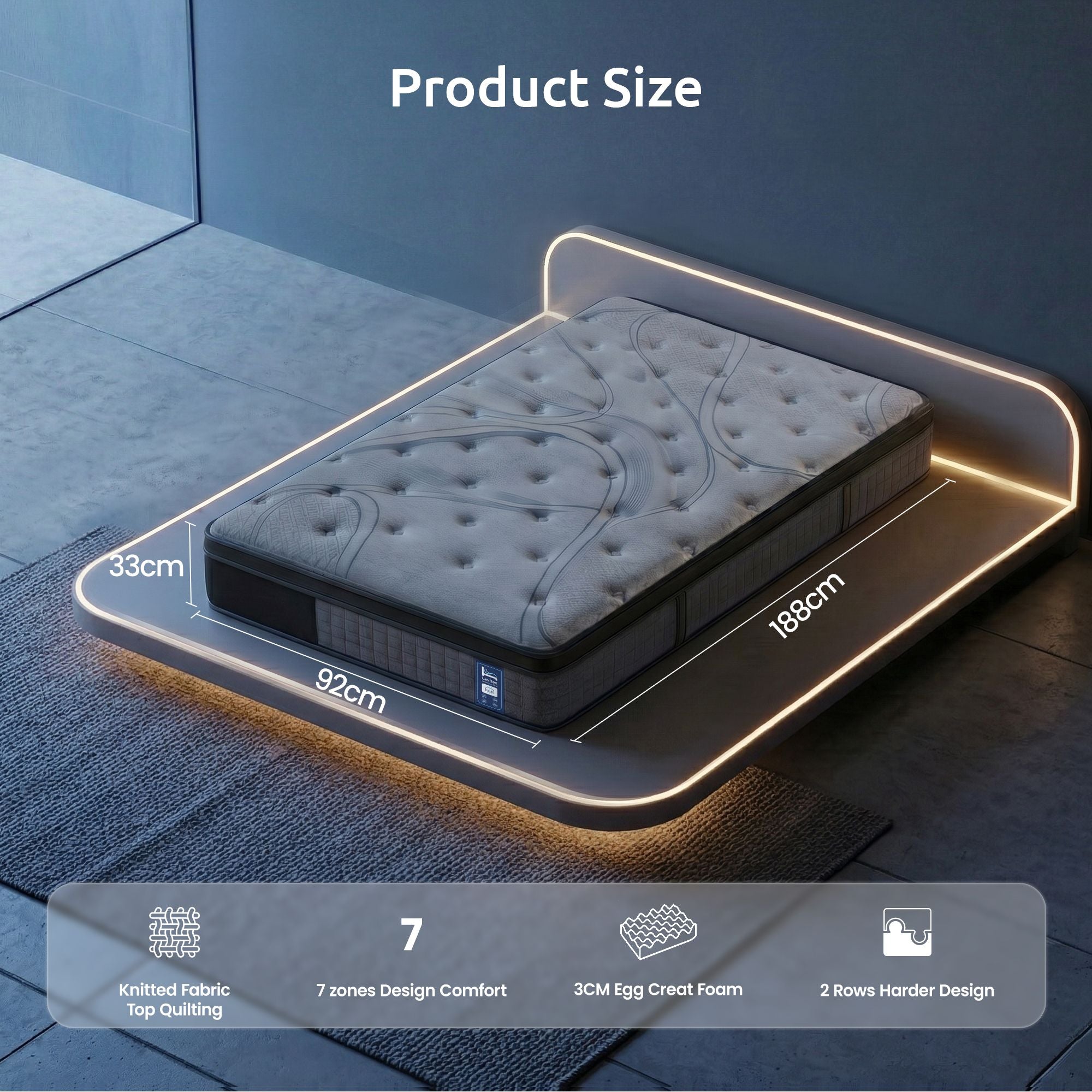 Levitex 33 cm Mattress 8.0 Extra Firm 7-Zone Pocket Spring Mattress with Dual-Row Edge Support & Breathable Knit Cover Single