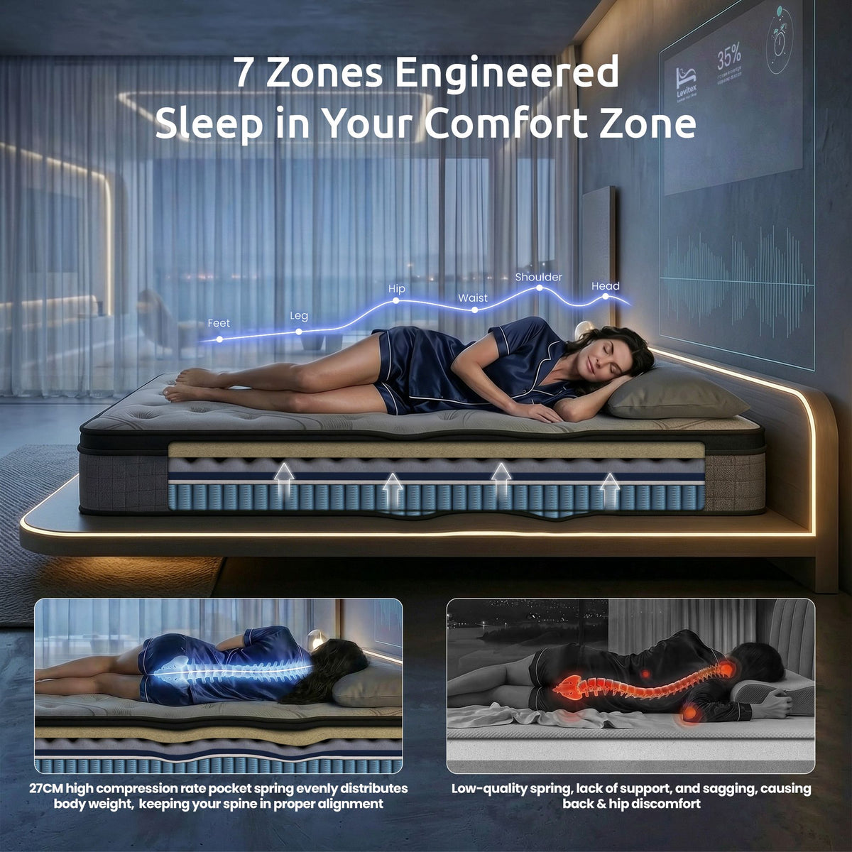 Levitex 33 cm Mattress 8.0 Extra Firm 7-Zone Pocket Spring Mattress with Dual-Row Edge Support & Breathable Knit Cover Single