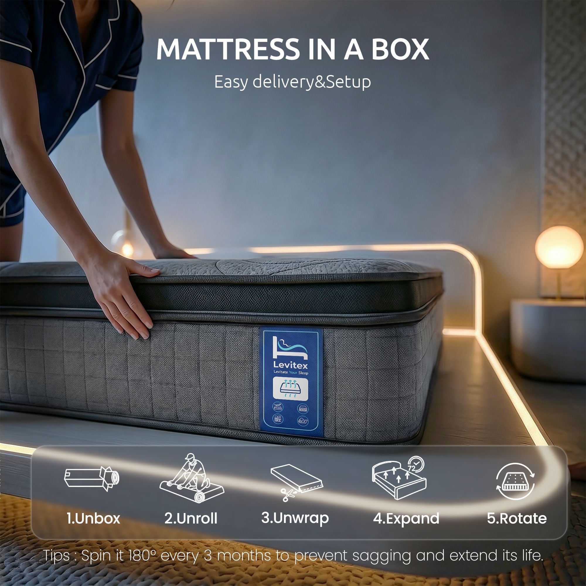 Levitex 33 cm Mattress 8.0 Extra Firm 7-Zone Pocket Spring Mattress with Dual-Row Edge Support & Breathable Knit Cover Single