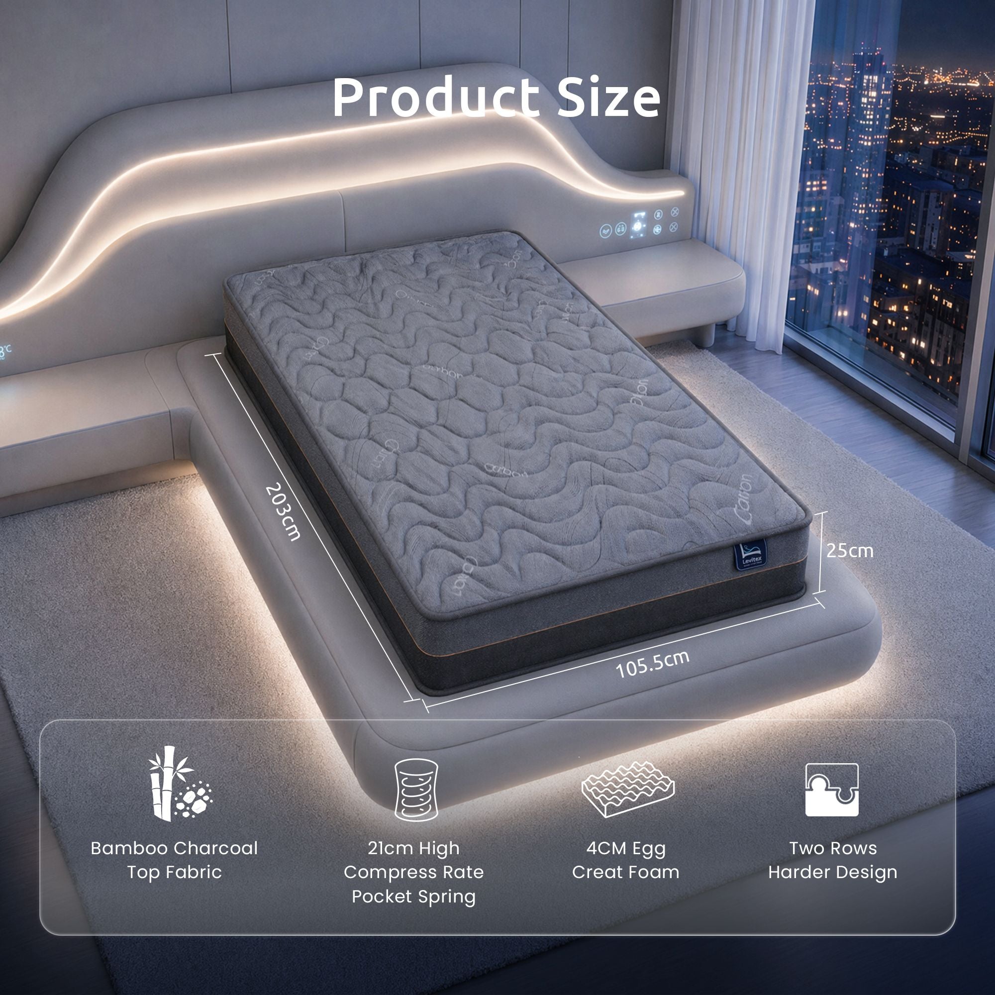 Levitex Firm 25cm Hybrid Pocket Spring Mattress King Single with Egg Crate Foam