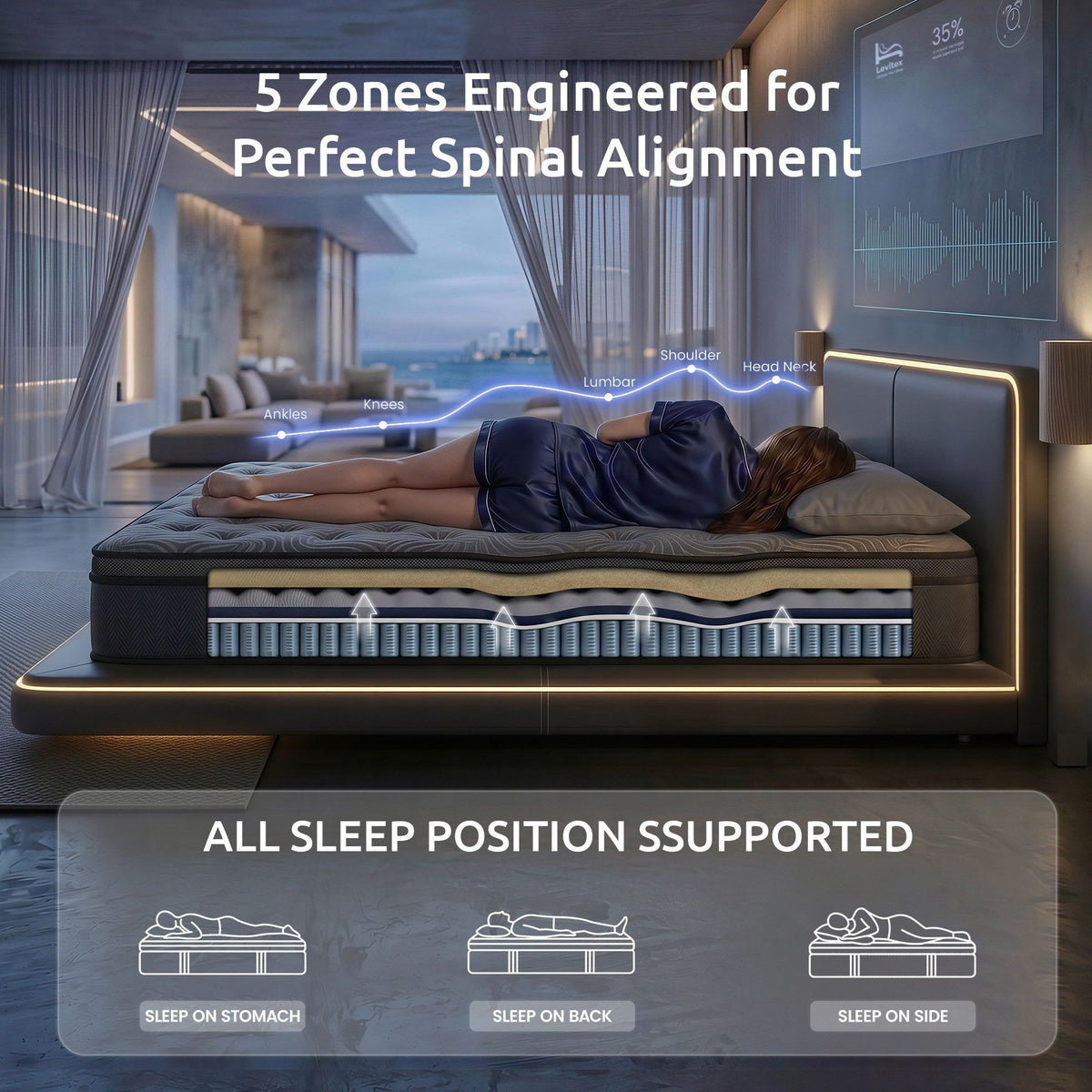Levitex 34cm Pocket Spring Gel Memory Foam Hybrid Mattress Back Pain King