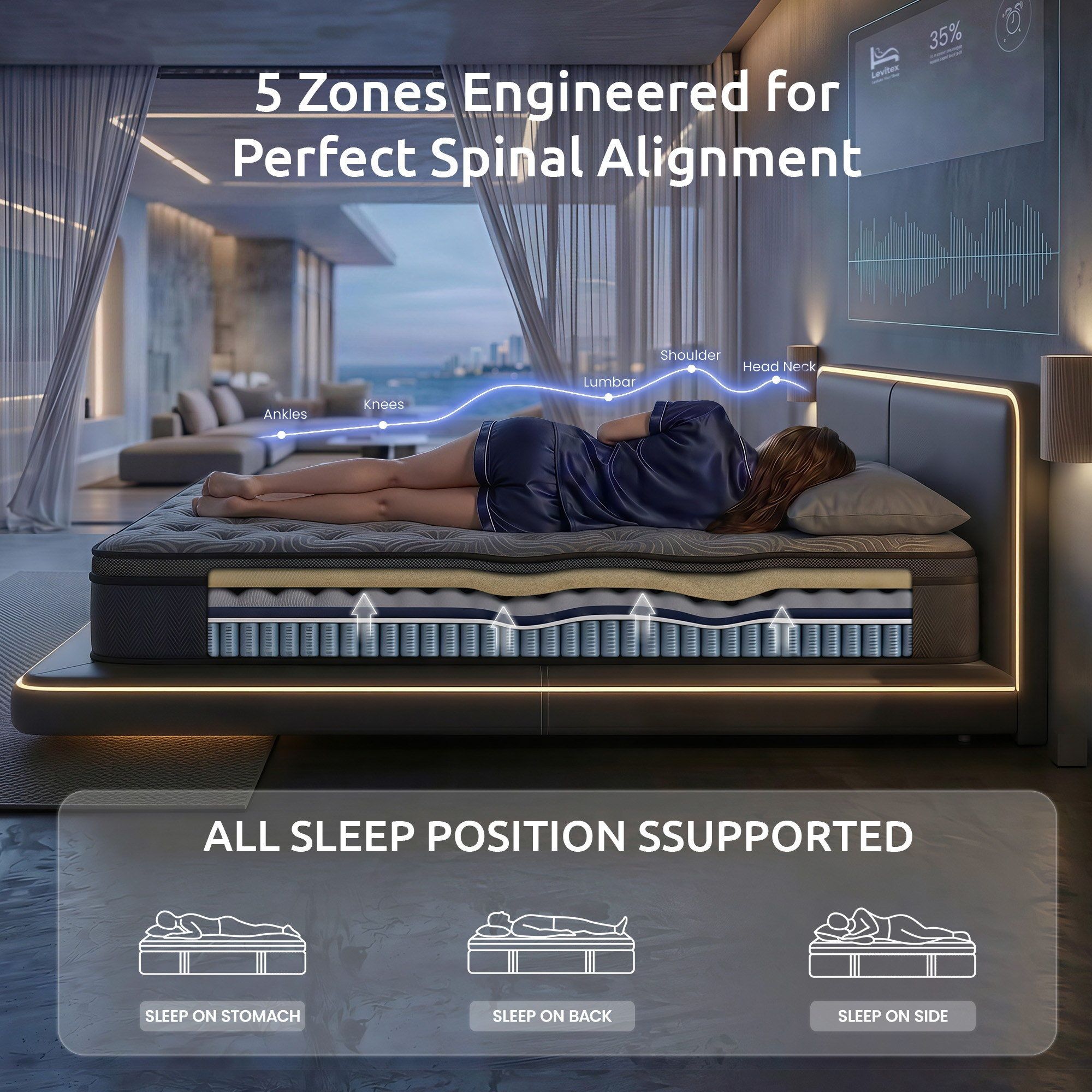 Levitex 34cm Pocket Spring Gel Memory Foam Hybrid Mattress King Single