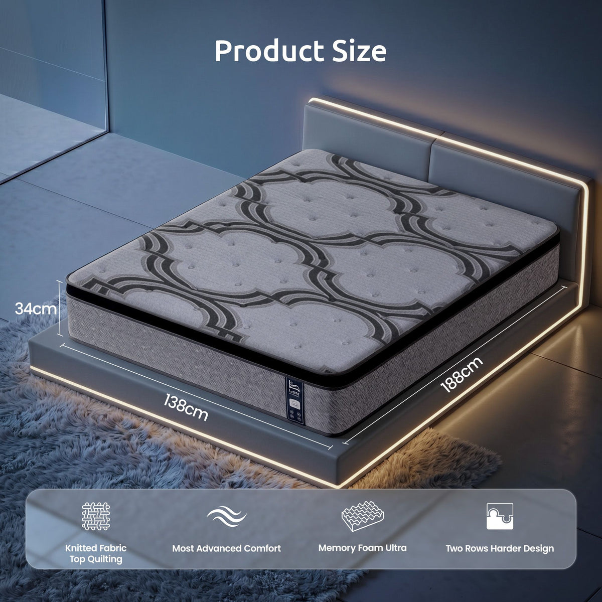 Levitex 5-Zone Pocket Spring Latex Memory Foam Hybrid Mattress Double 34cm