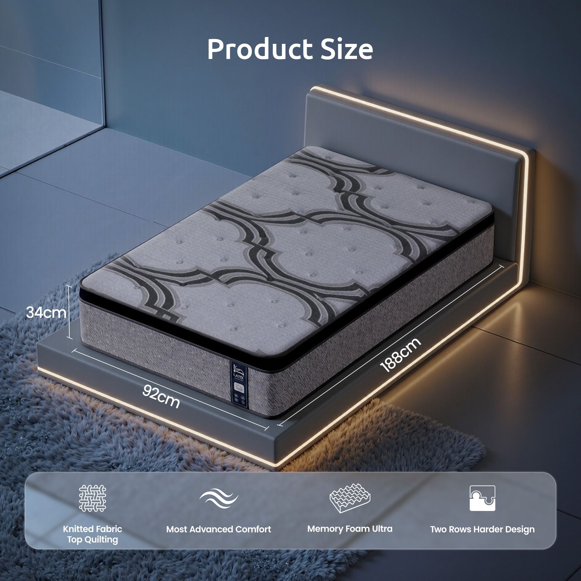 Levitex 5-Zone Pocket Spring Latex Memory Foam Hybrid Mattress Single 34cm
