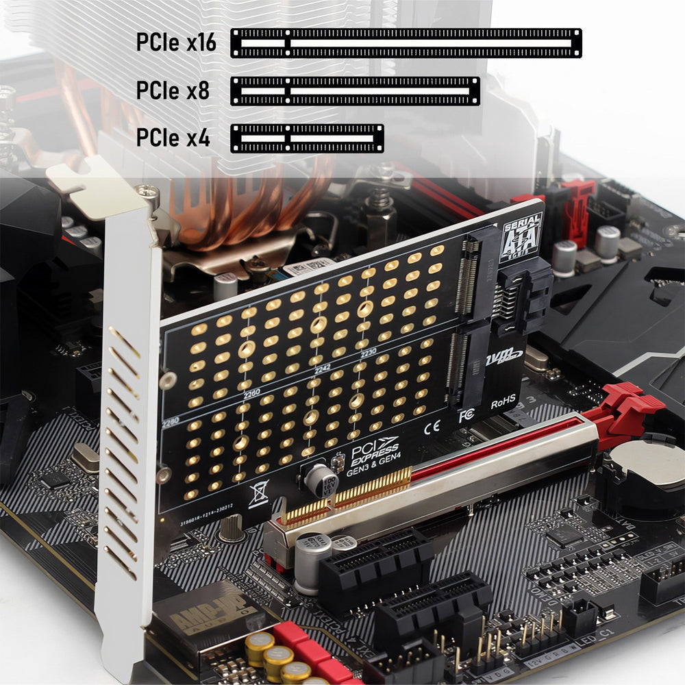 Simplecom EC412v2 NVMe and SATA M.2 SSD to PCIe x4 Expansion Card M Key B Key Low Profile Bracket SATA Cable 64Gbps