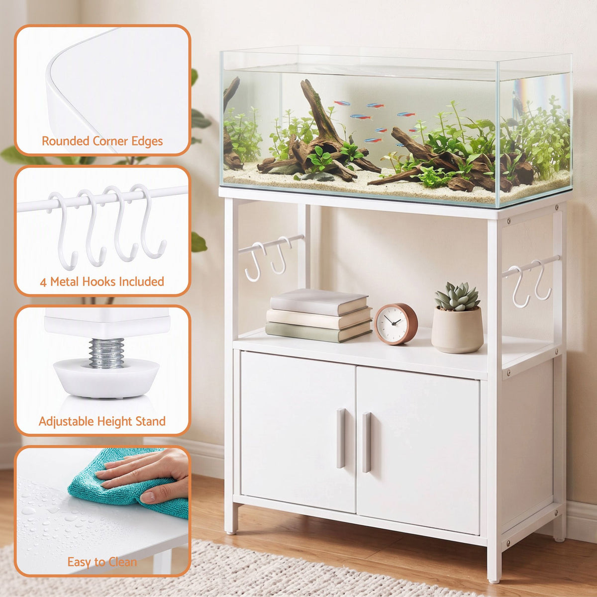 Artiss 20 Gallon Fish Tank Stand 3-Tier Aquarium Stand with Storage Cabinet and Open Shelf White