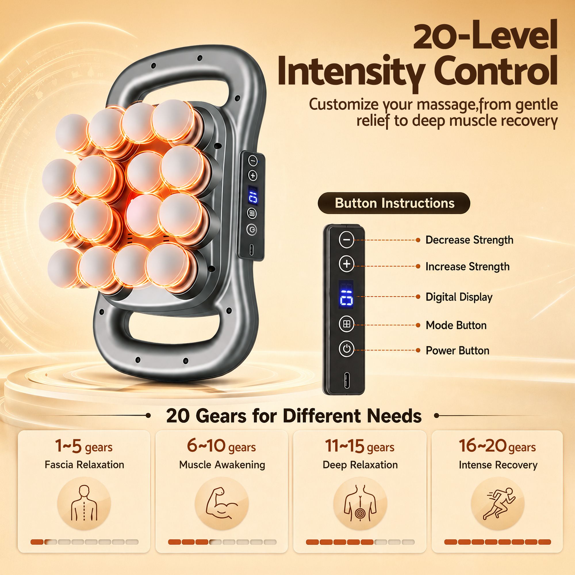 Everfit Deep Tissue Massager 16 Heads 20 Intensities Percussion Gun Rechargeable