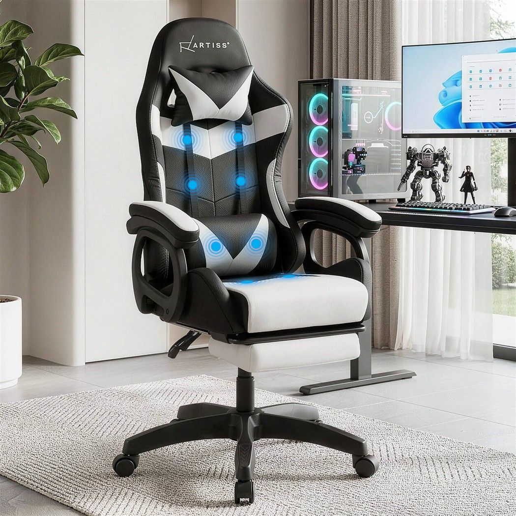 Artiss Gaming Office Chair 8 Point Massage Recline Ergonomic 135° White