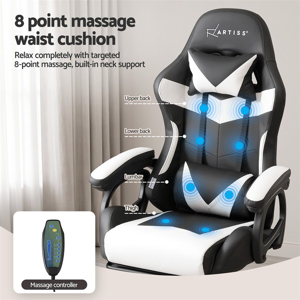 Artiss Gaming Office Chair 8 Point Massage Recline Ergonomic 135° White