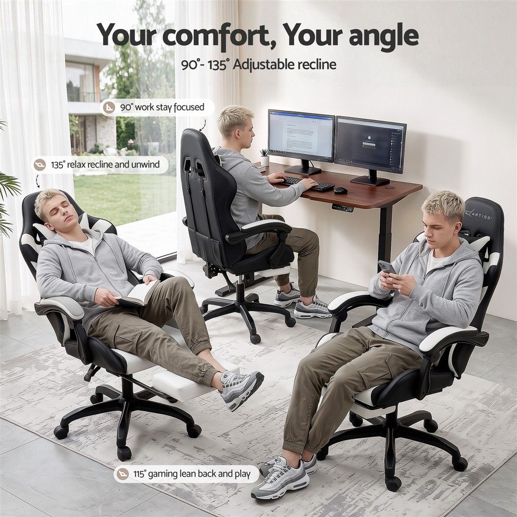 Artiss Gaming Office Chair 8 Point Massage Recline Ergonomic 135° White
