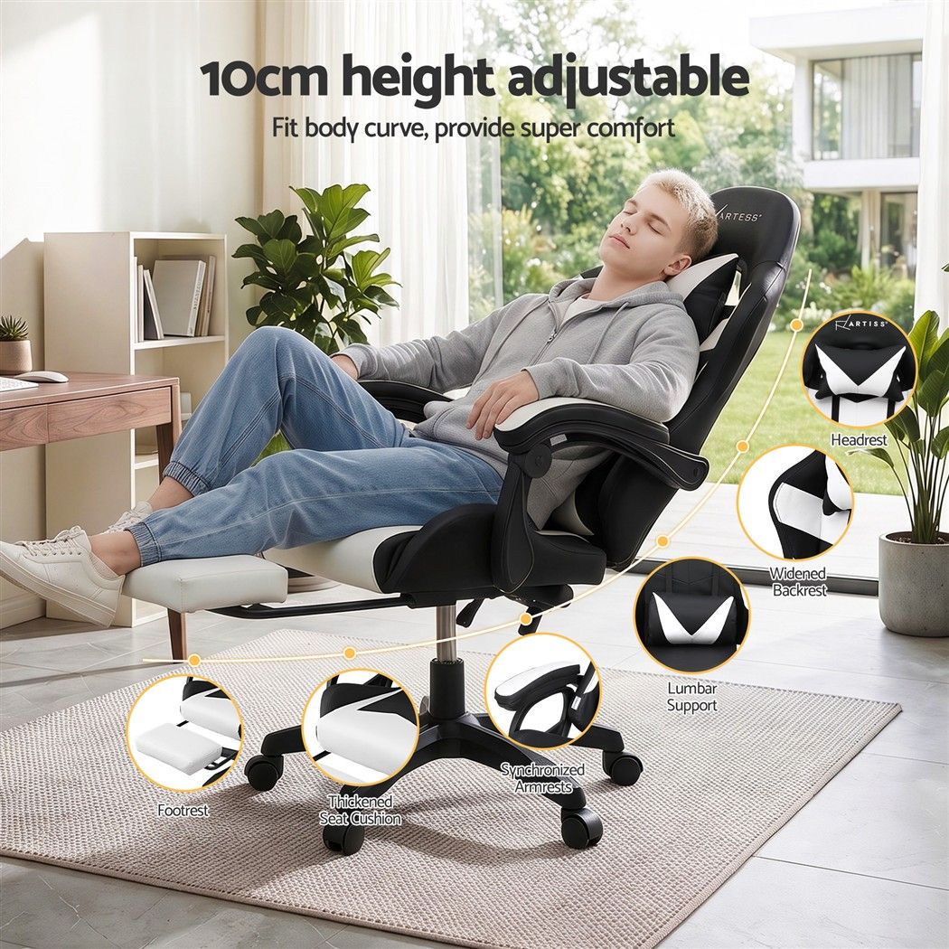 Artiss Gaming Office Chair 8 Point Massage Recline Ergonomic 135° White