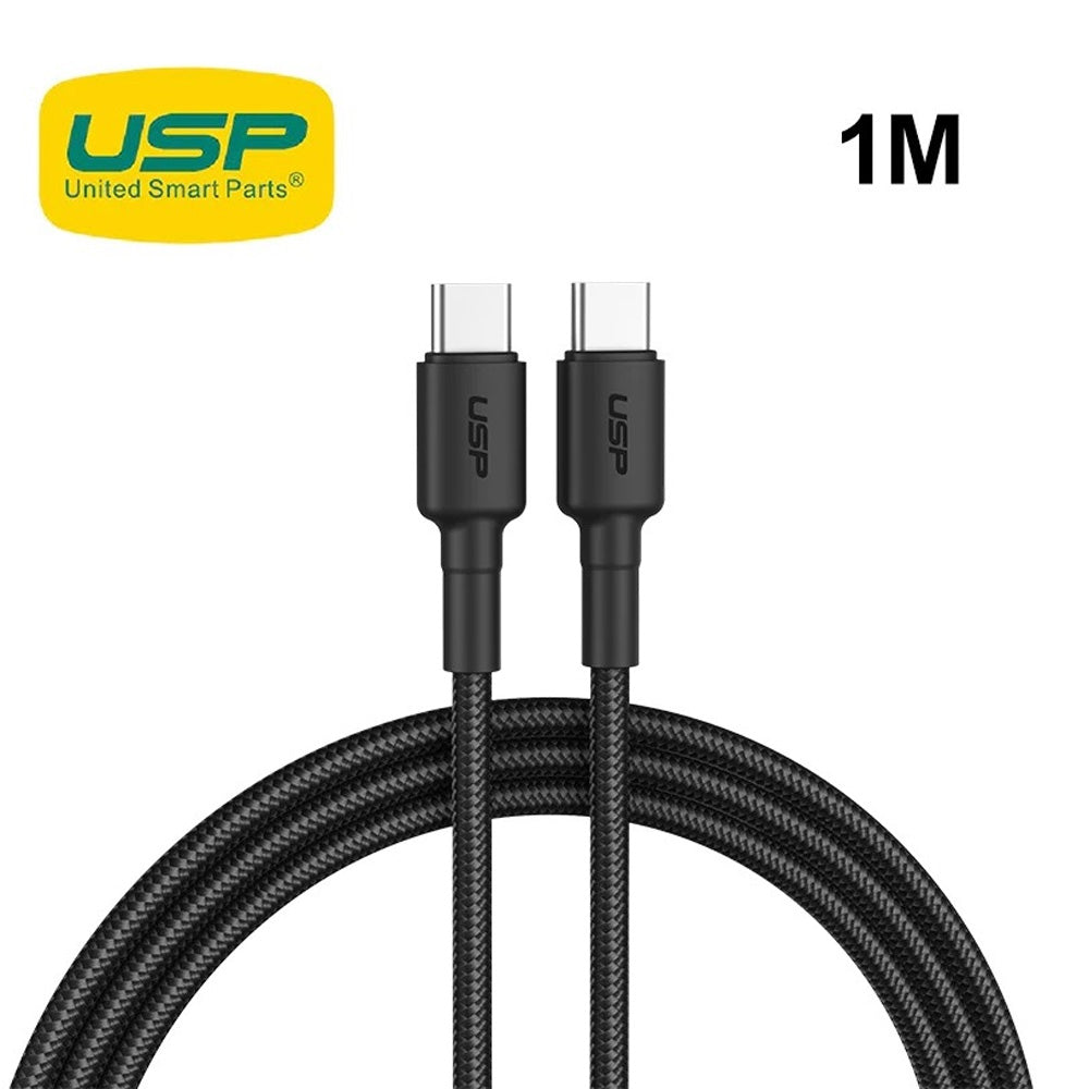 USP BoostUp Braided USB-C to USB-C Cable 1M Black 3A Fast Charge Pure Copper Aluminium Plug Velcro for Galaxy iPhone iPad