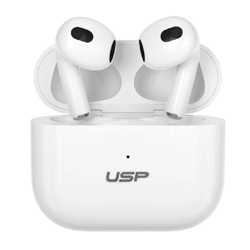 USP True Wireless Buds BT241 Bluetooth 5.0 Smart Touch Controls Noise Isolation Semi In Ear USB-C Charging Case White