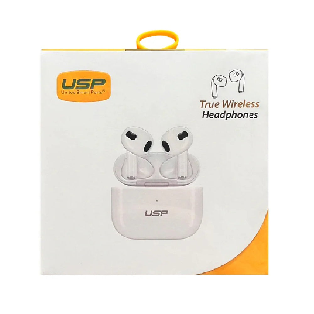 USP True Wireless Buds BT241 Bluetooth 5.0 Smart Touch Controls Noise Isolation Semi In Ear USB-C Charging Case White