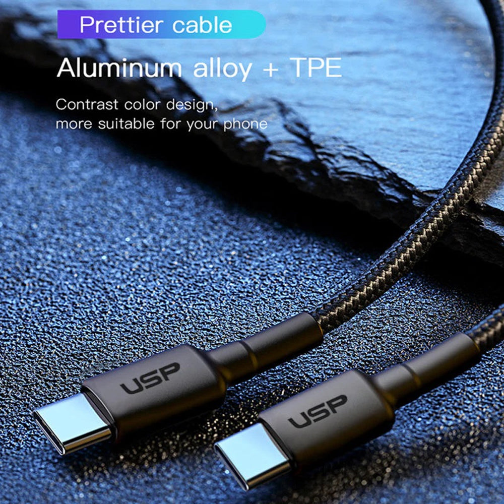 USP BoostUp Braided USB-C to USB-C Cable 2M Black 3A 60W Fast Charge Pure Copper Aluminium Plug Velcro for Galaxy iPhone