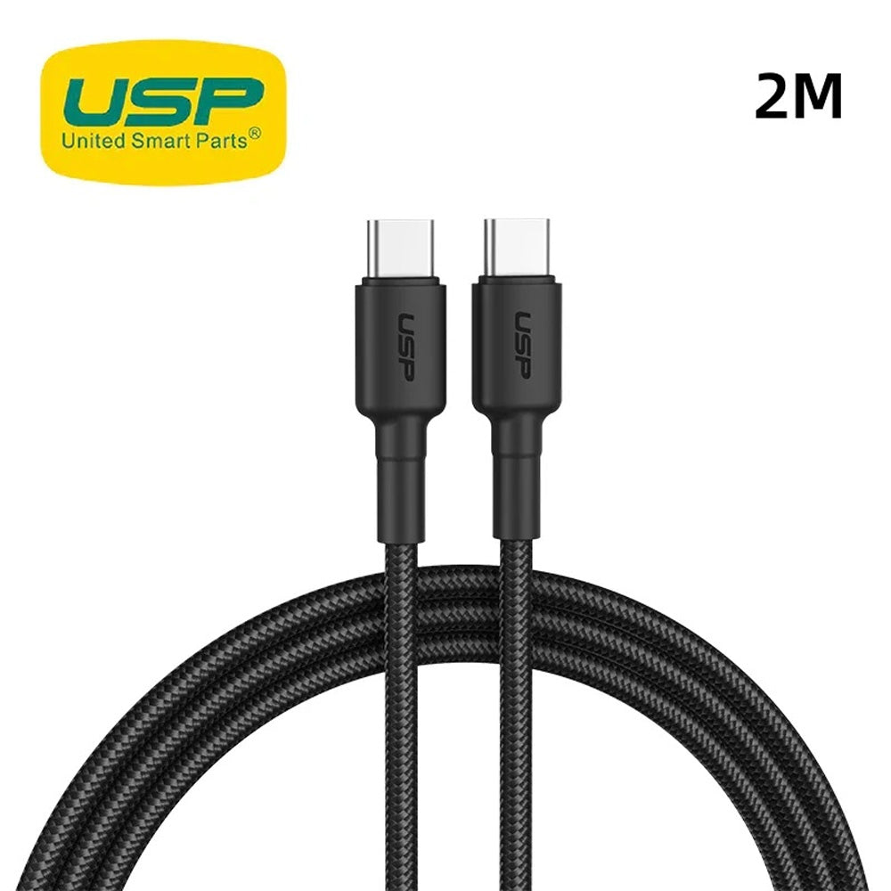USP BoostUp Braided USB-C to USB-C Cable 2M Black 3A 60W Fast Charge Pure Copper Aluminium Plug Velcro for Galaxy iPhone