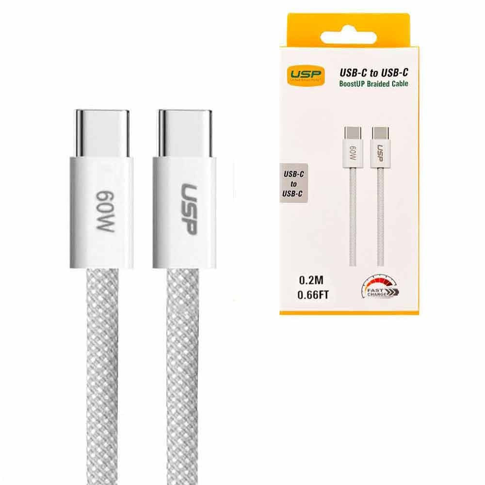 USP BoostUp 0.2m USB C to USB C Braided Cable White 60W 3A 480Mbps PD QC3.0 Charging Data Sync for iPhone Samsung Galaxy iPad