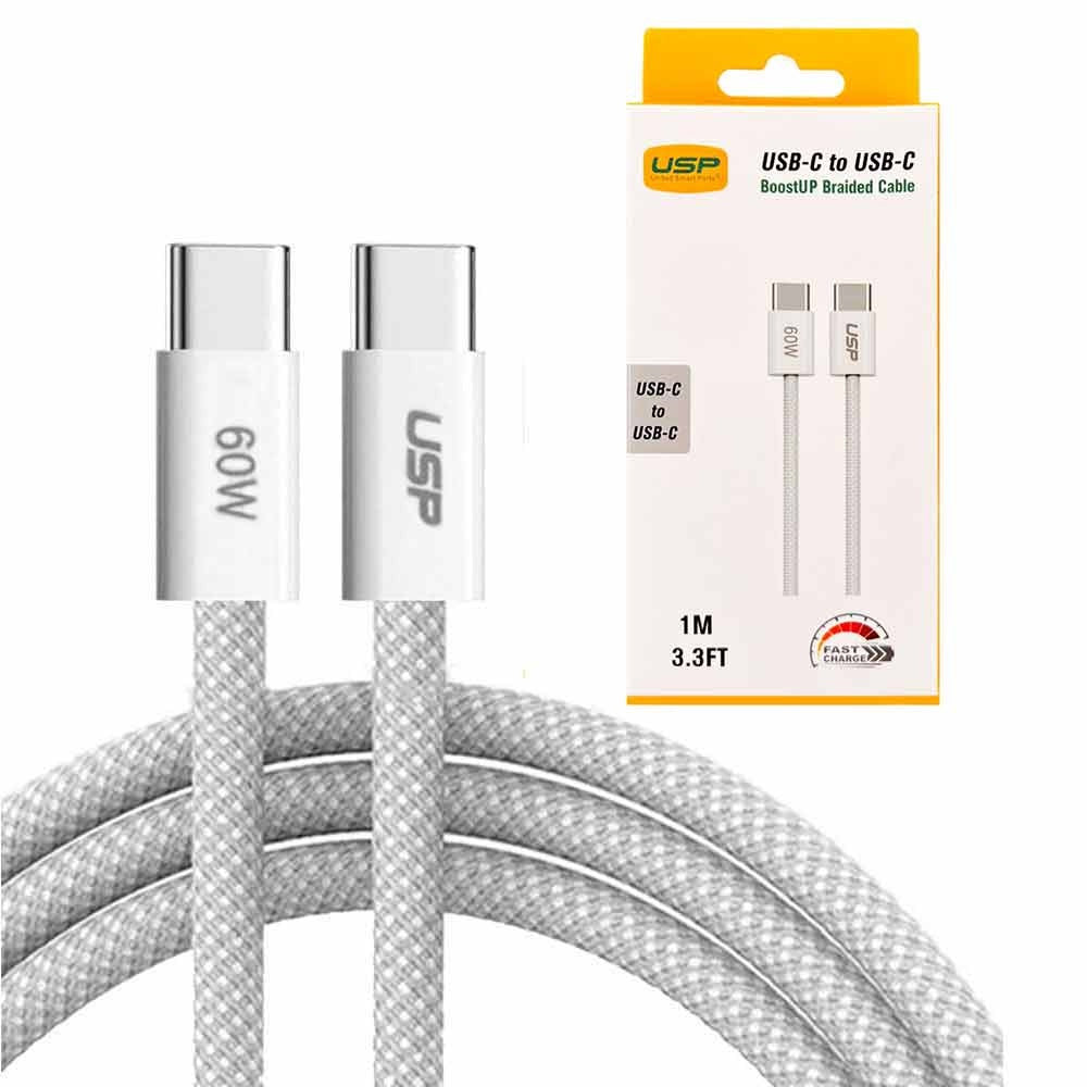 USP BoostUp 1m Braided USB-C to USB-C Cable White 3A 60W Fast Charging 480Mbps Data Transfer 40K Bends for iPhone Galaxy