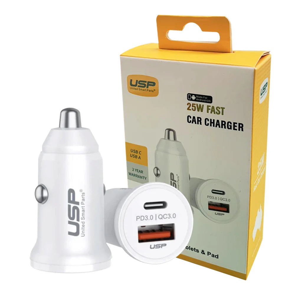 USP 43W Dual Port Car Charger USB C 25W PD USB A 18W QC 3.0 Fast Charging Compact Lightweight White