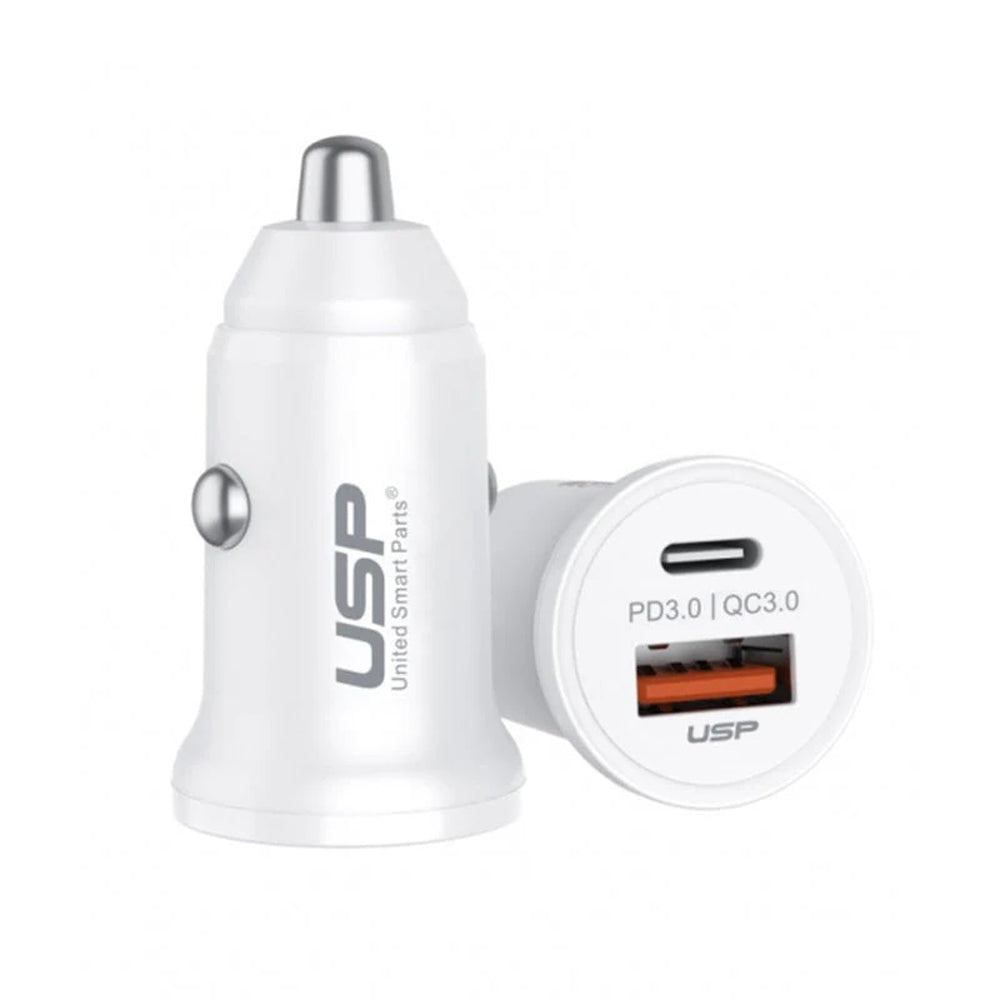 USP 43W Dual Port Car Charger USB C 25W PD USB A 18W QC 3.0 Fast Charging Compact Lightweight White