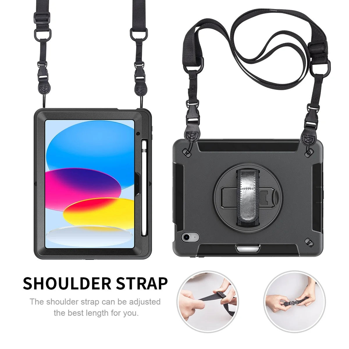 USP Rugged Tablet Case with Adjustable Shoulder Strap Hand Strap Built-in Kickstand and Pen Holder Black Colour