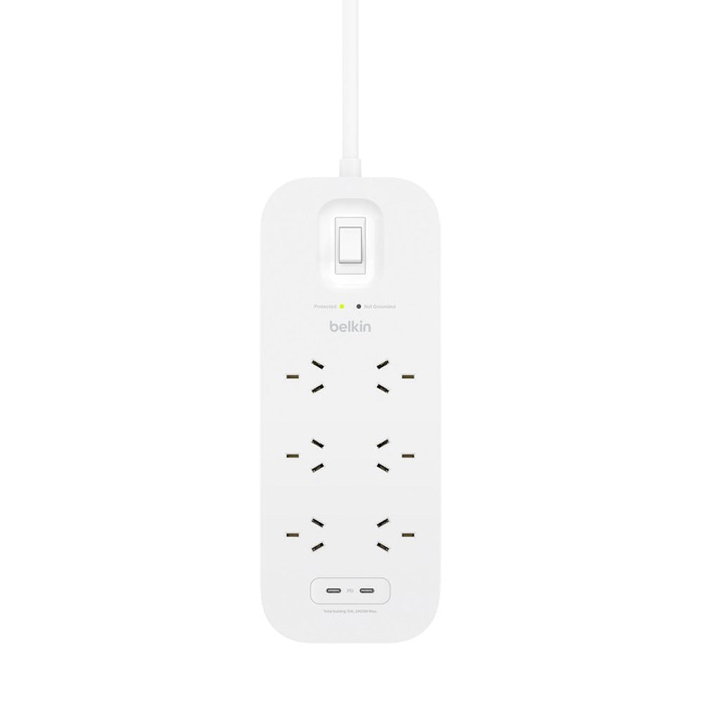 Belkin SurgePro 6 Outlet White Surge Protector with Dual USB-C 30W PD 650 Joules and 2M Power Cord