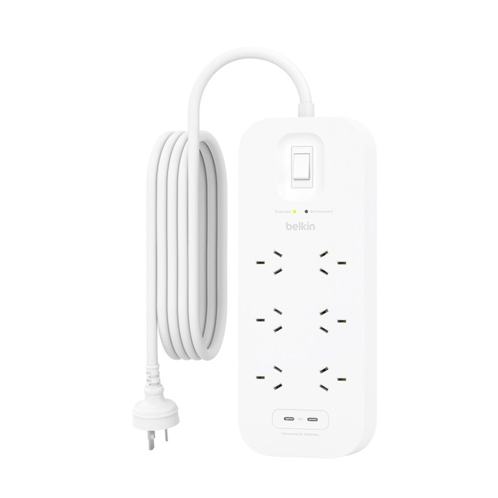 Belkin SurgePro 6 Outlet White Surge Protector with Dual USB-C 30W PD 650 Joules and 2M Power Cord