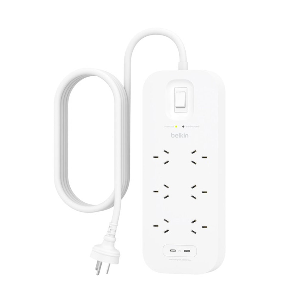 Belkin SurgePro 6 Outlet White Surge Protector with Dual USB-C 30W PD 650 Joules and 2M Power Cord