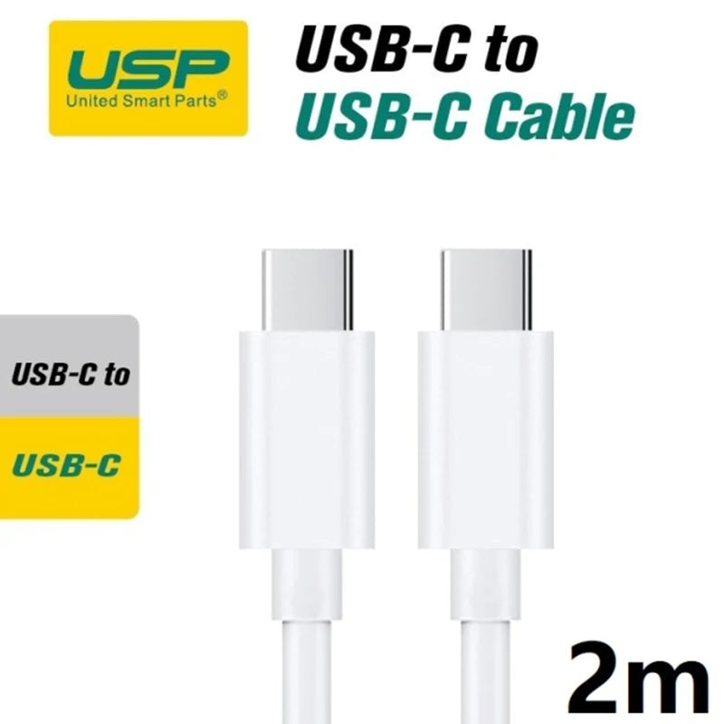 USP 2m USB-C to USB-C Mini Cable White 3A 60W Fast Charging Reversible Design for Galaxy iPhone iPad MacBook