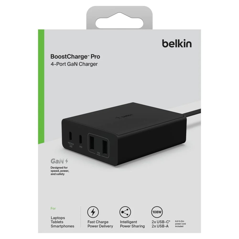 Belkin BoostCharge Pro 108W USB-C (PD 3.0) 4-Port GaN Wall Charger - Black